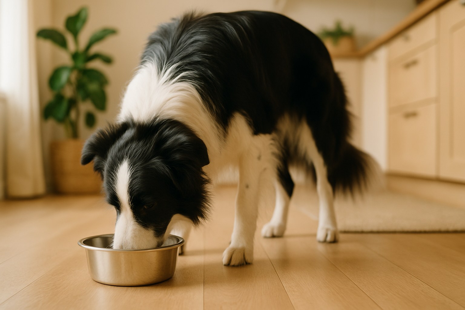 Cane attento davanti a un tavolo apparecchiato