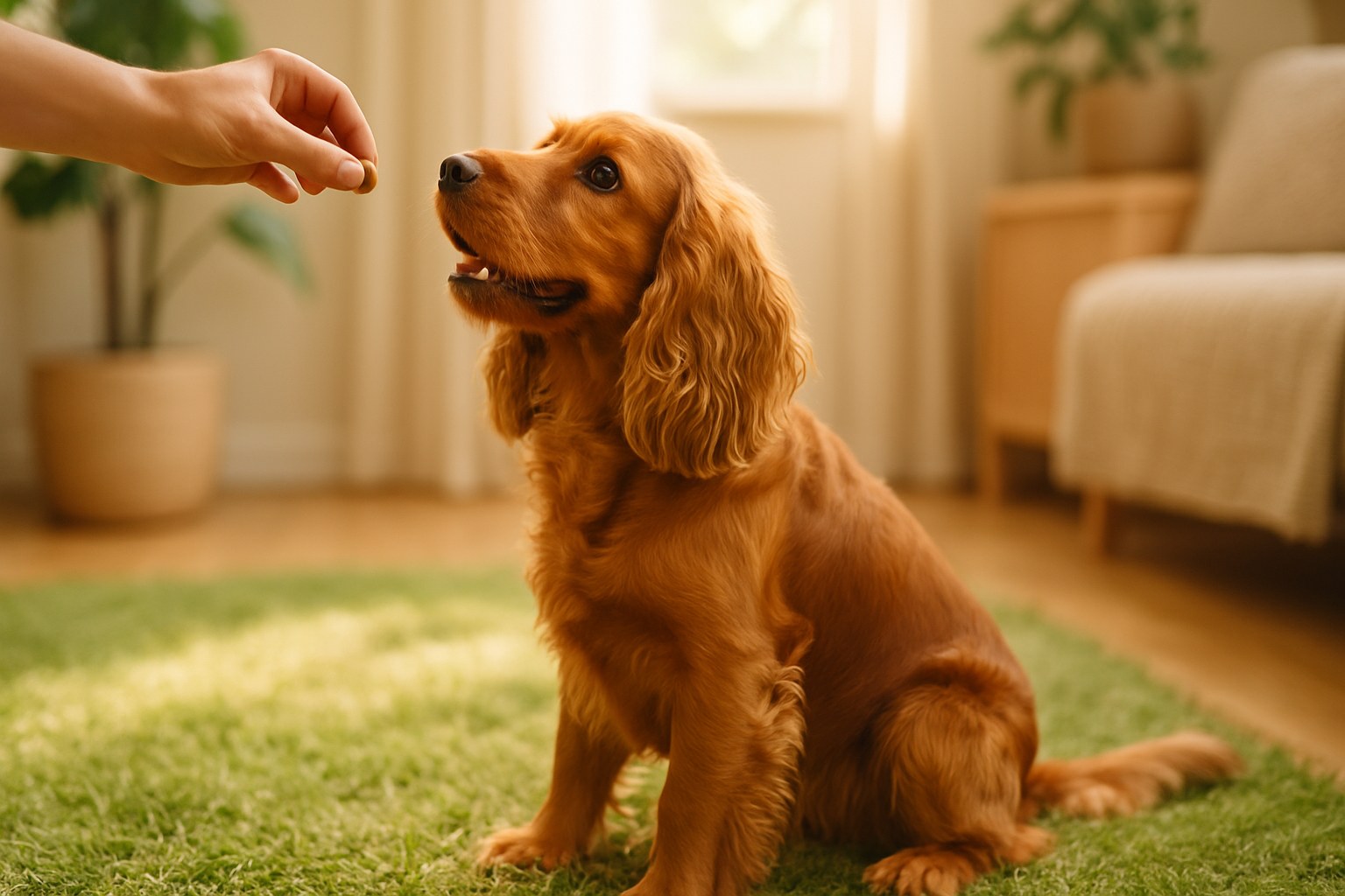 Cane seduto attento davanti al padrone con guinzaglio rilassato