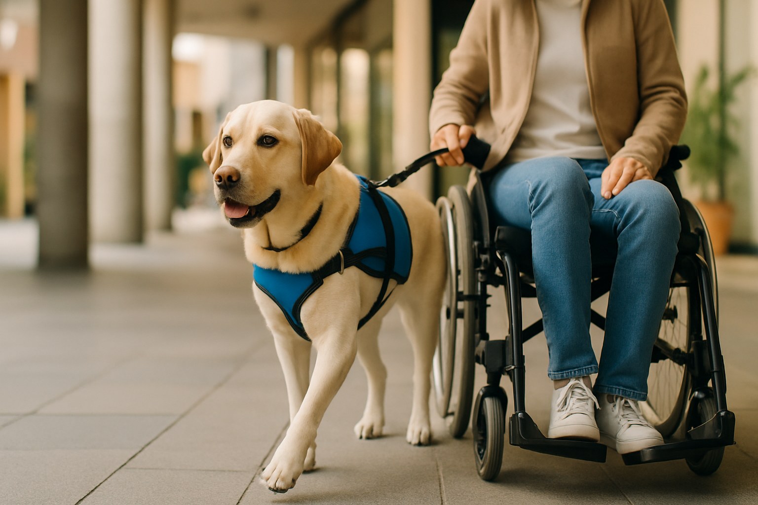 Labrador Retriever con pettorina di servizio blu che assiste persona su sedia a rotelle in ambiente pubblico italiano