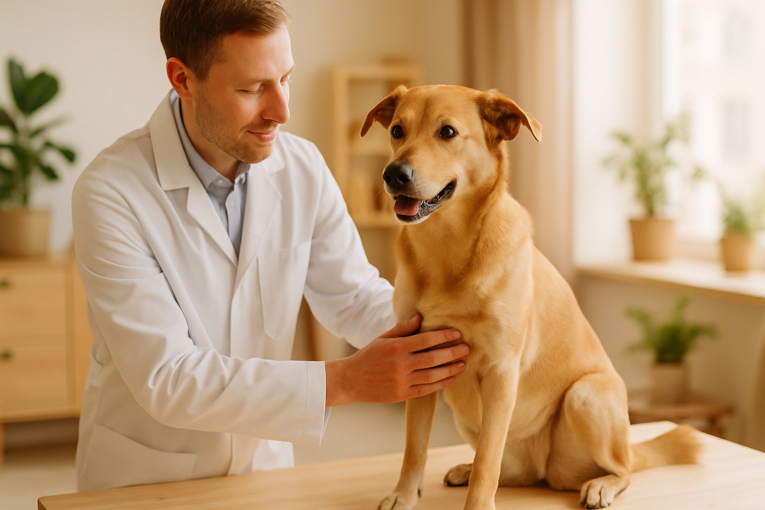 Cane adulto sano durante visita veterinaria per valutazione pre-sterilizzazione con veterinario che esamina condizioni fisiche