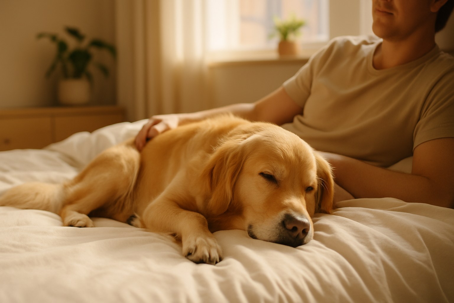 Cane di taglia media che dorme serenamente su un letto matrimoniale con lenzuola bianche accanto al proprietario