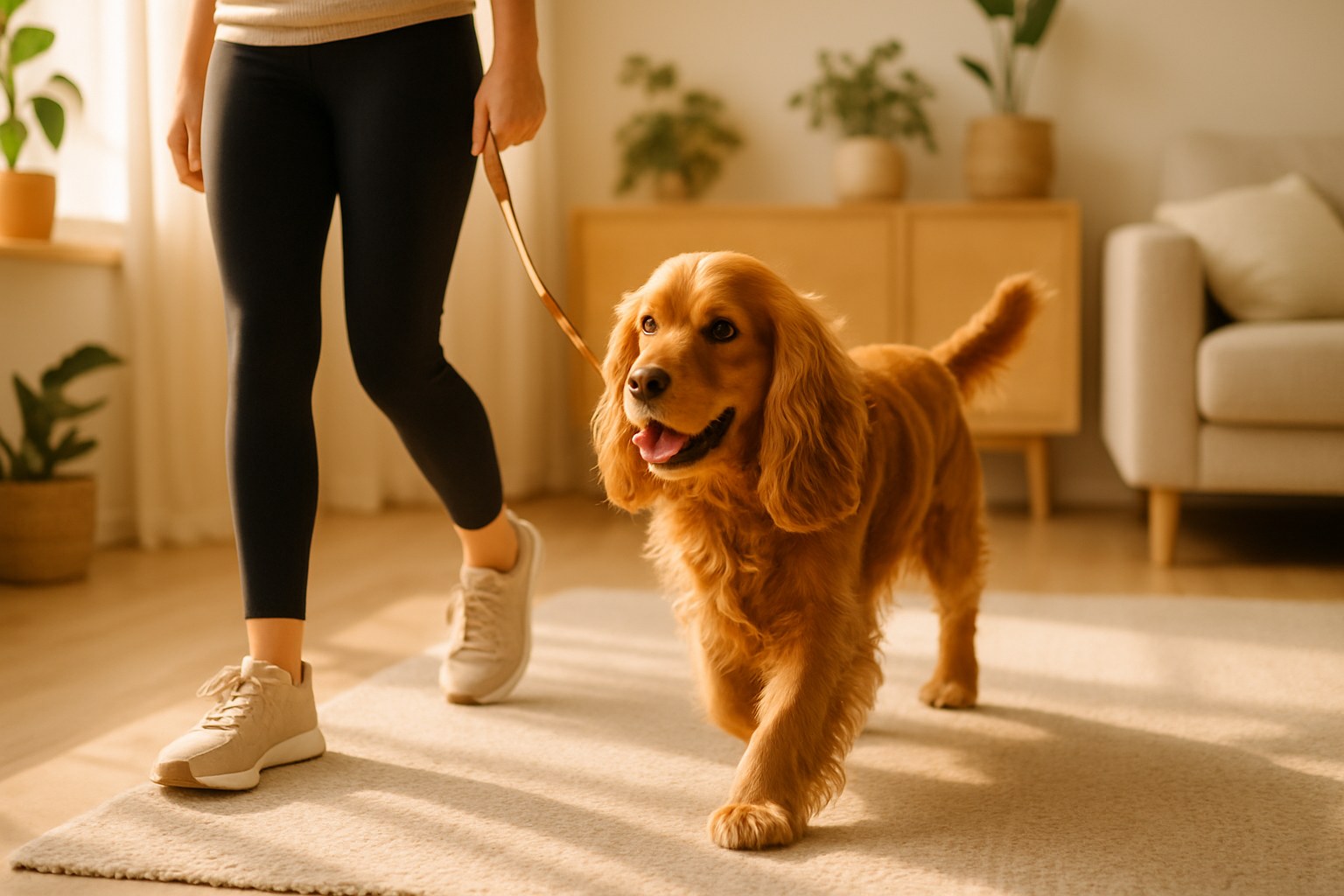 Cane che cammina al fianco del padrone con guinzaglio rilassato