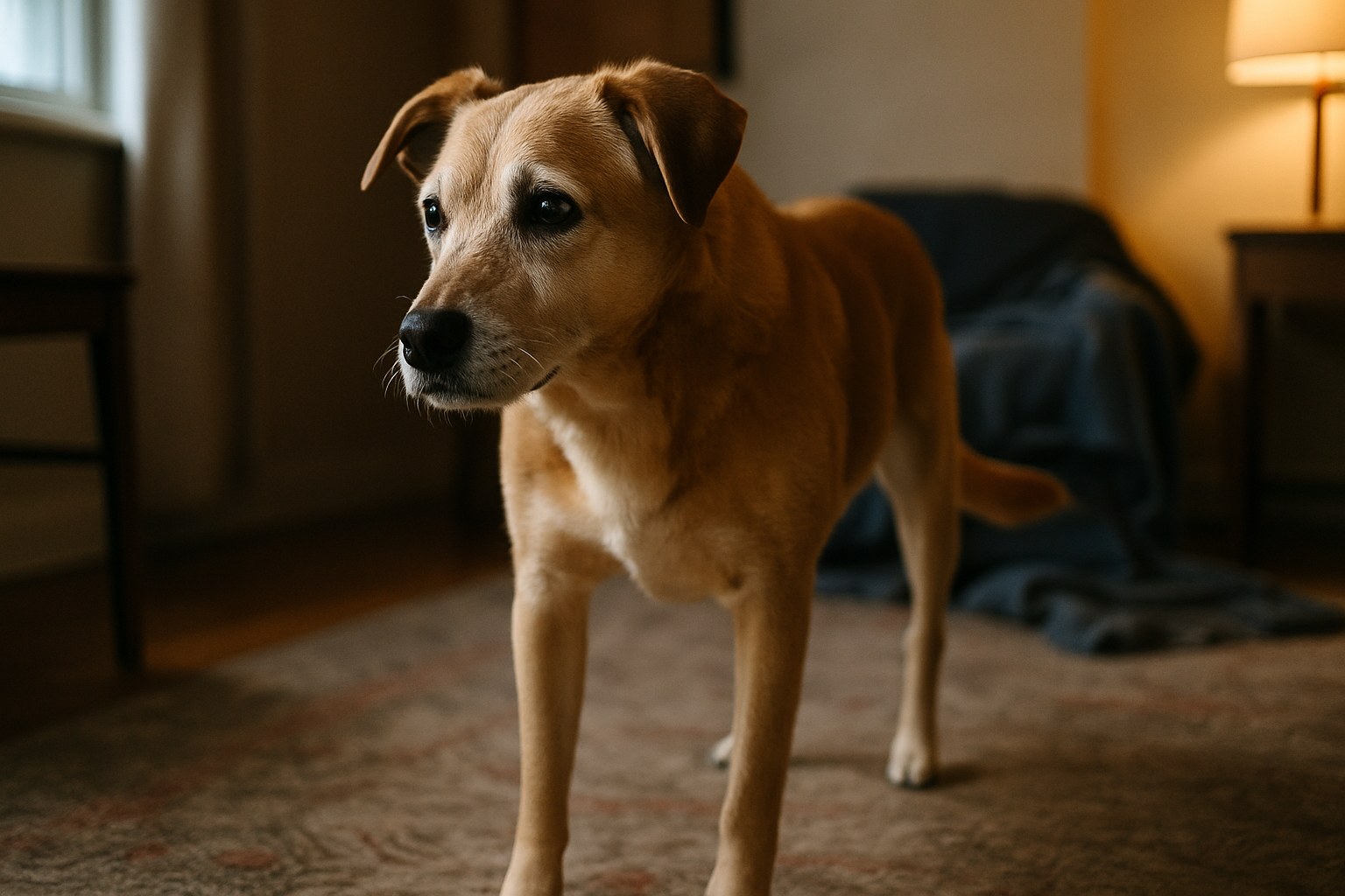 Cane Labrador sdraiato sotto la scrivania mentre il padrone lavora al computer