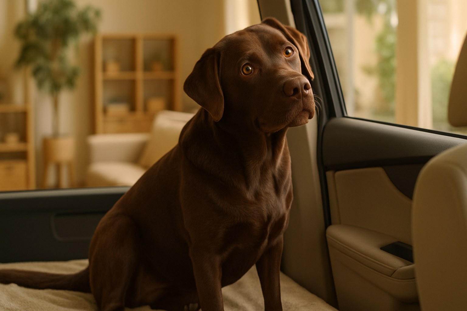 Cane seduto sul sedile posteriore di un'auto con cintura di sicurezza apposita