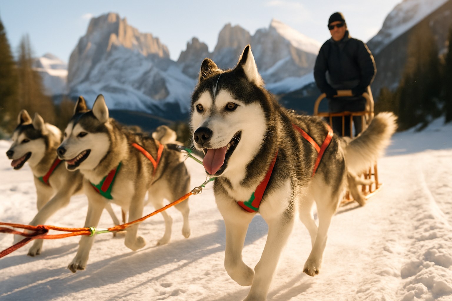 Squadra di cani da slitta Siberian Husky che trainano una slitta su neve in paesaggio montano alpino italiano