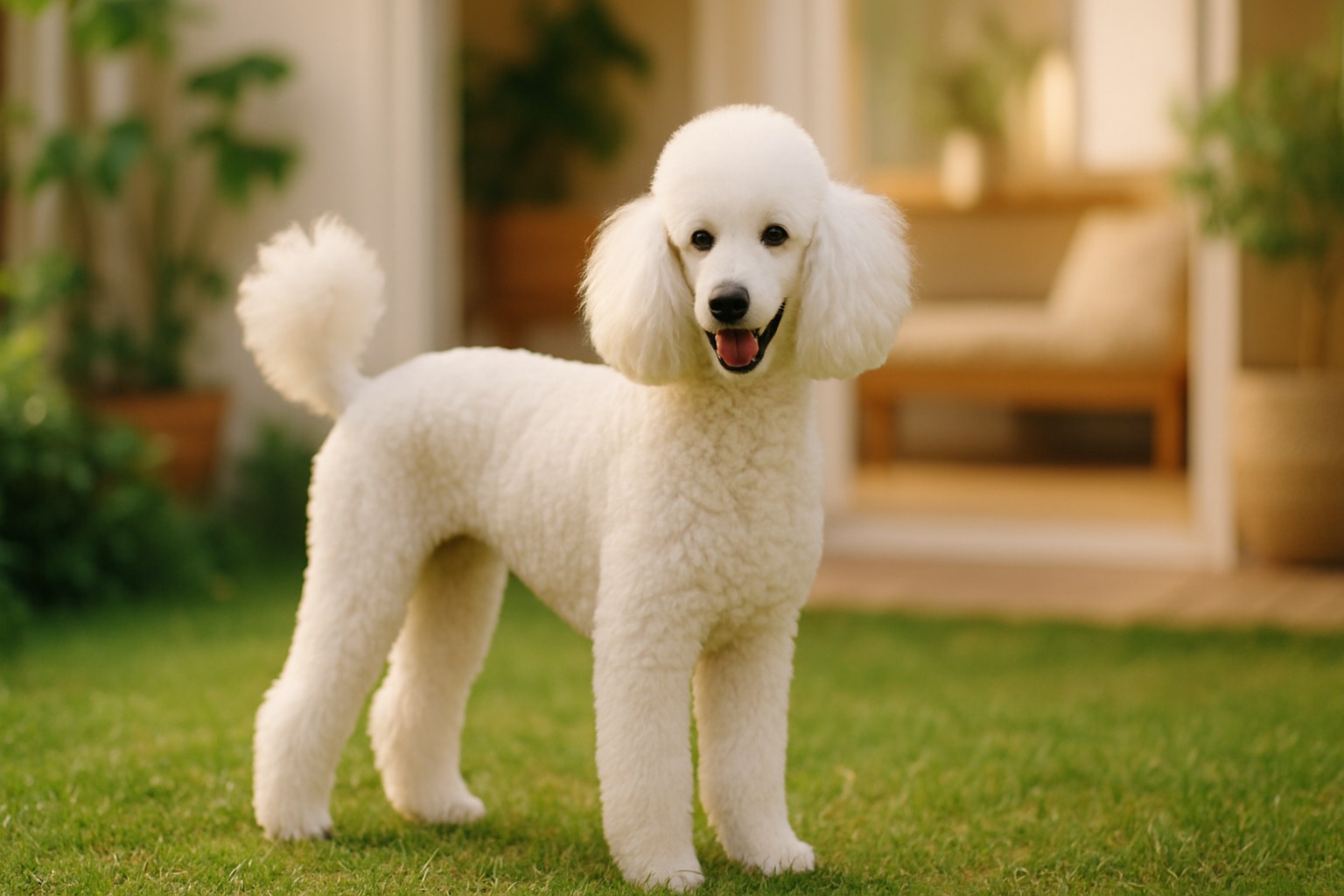 A well-groomed white poodle in a green garden.