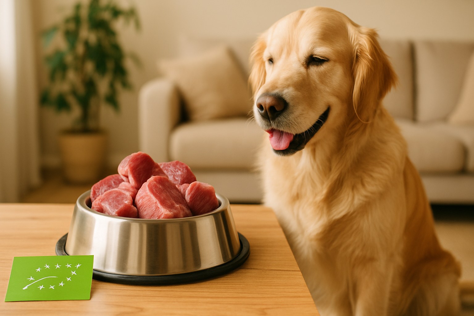 Ciotola con carne biologica fresca per cani accanto a certificazione europea biologica