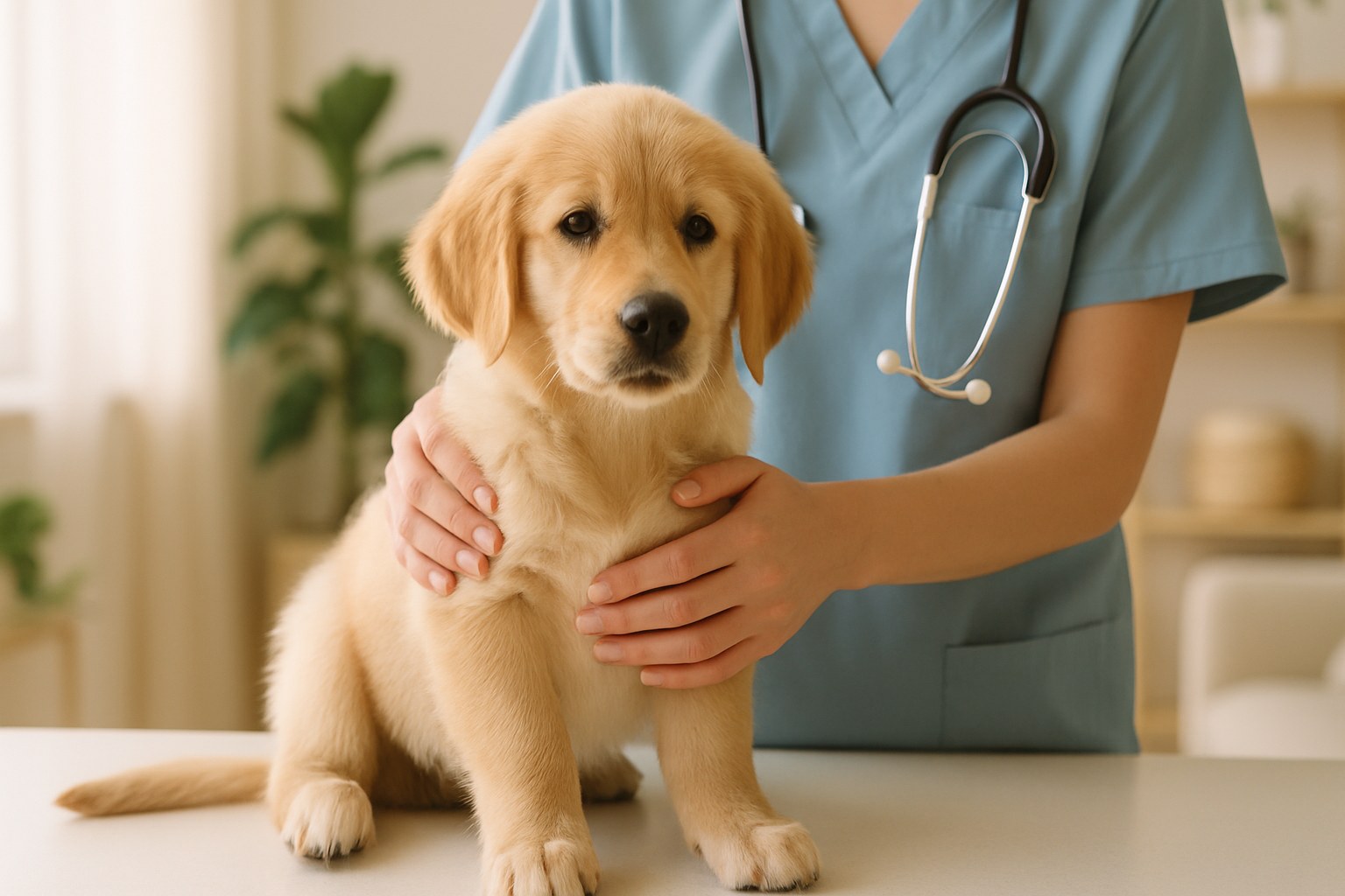 Cucciolo di cane sano visitato dal veterinario per valutazione pre-castrazione