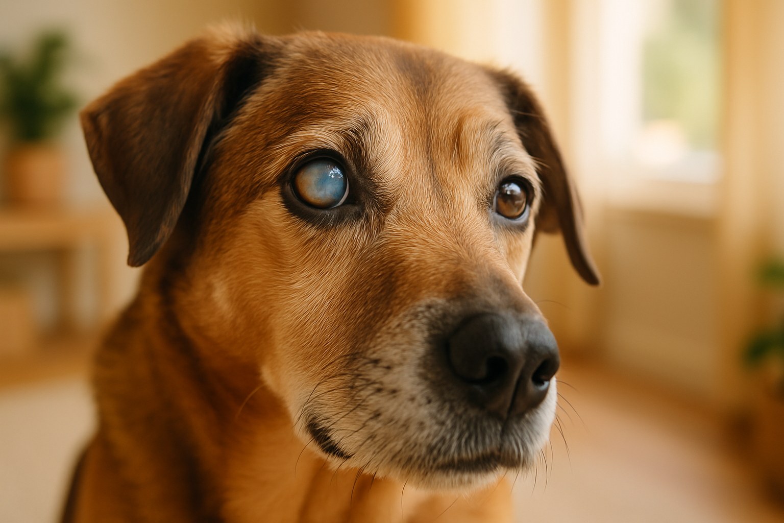 Primo piano di occhio di cane anziano con cataratta visibile, opacità biancastra nel cristallino
