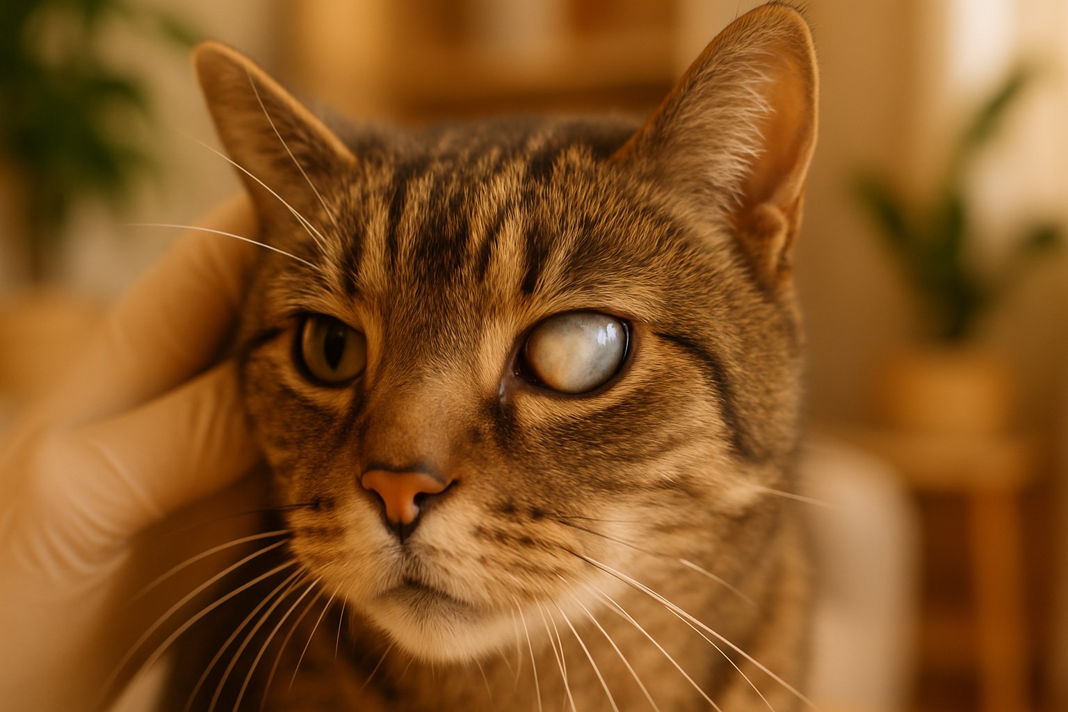 Primo piano di occhio di gatto anziano con cataratta visibile come opacità biancastra del cristallino durante visita oftalmologica veterinaria