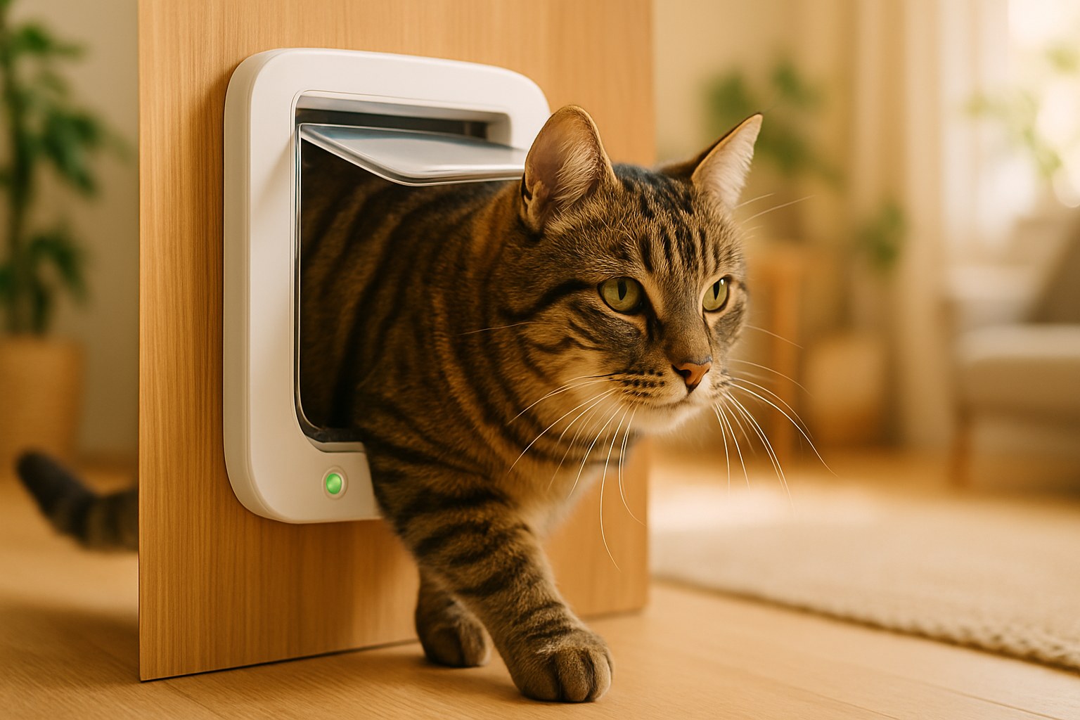 Gatto soriano che passa attraverso gattaiola a microchip bianca installata su porta di legno