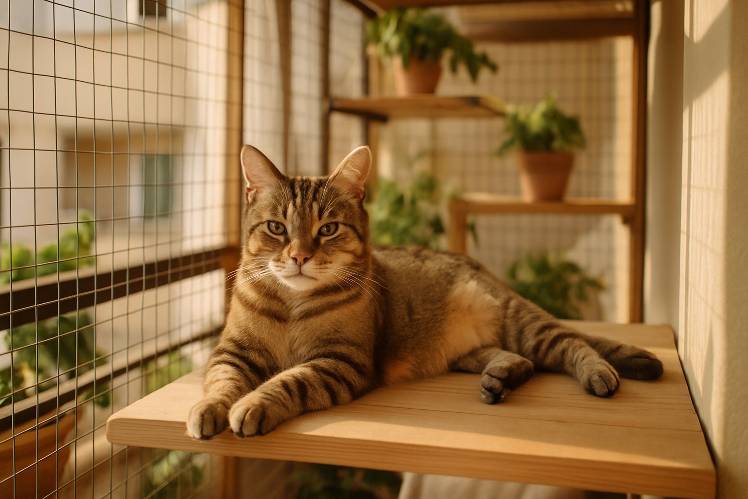 Gatto tigrato che si gode il sole su una mensola di legno all'interno di un catio da balcone con rete metallica e piante