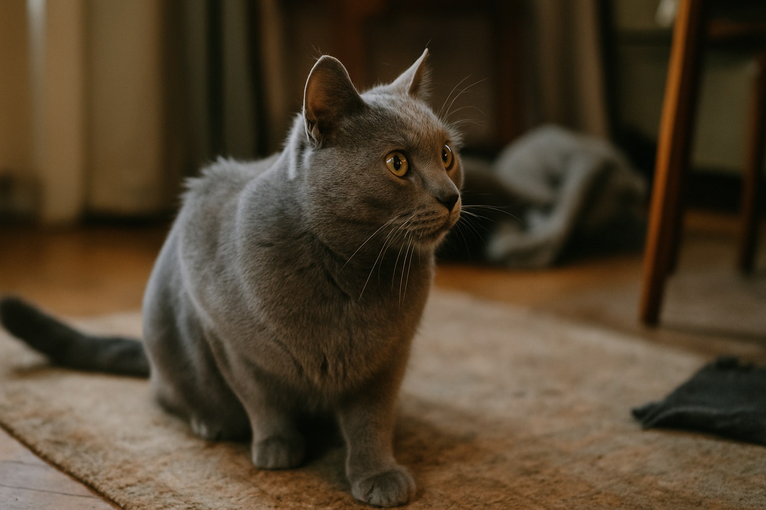 Gatto Chartreux blu-grigio con occhi arancio rame