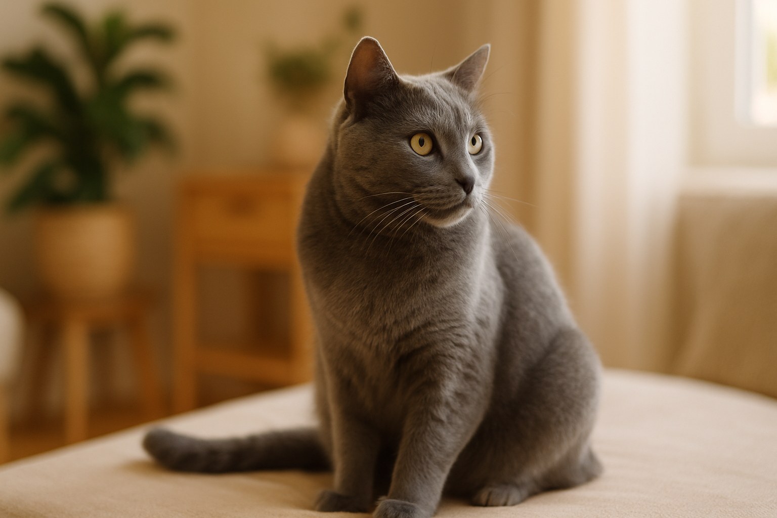Gatto Chartreux blu-grigio con occhi rame seduto regalmente