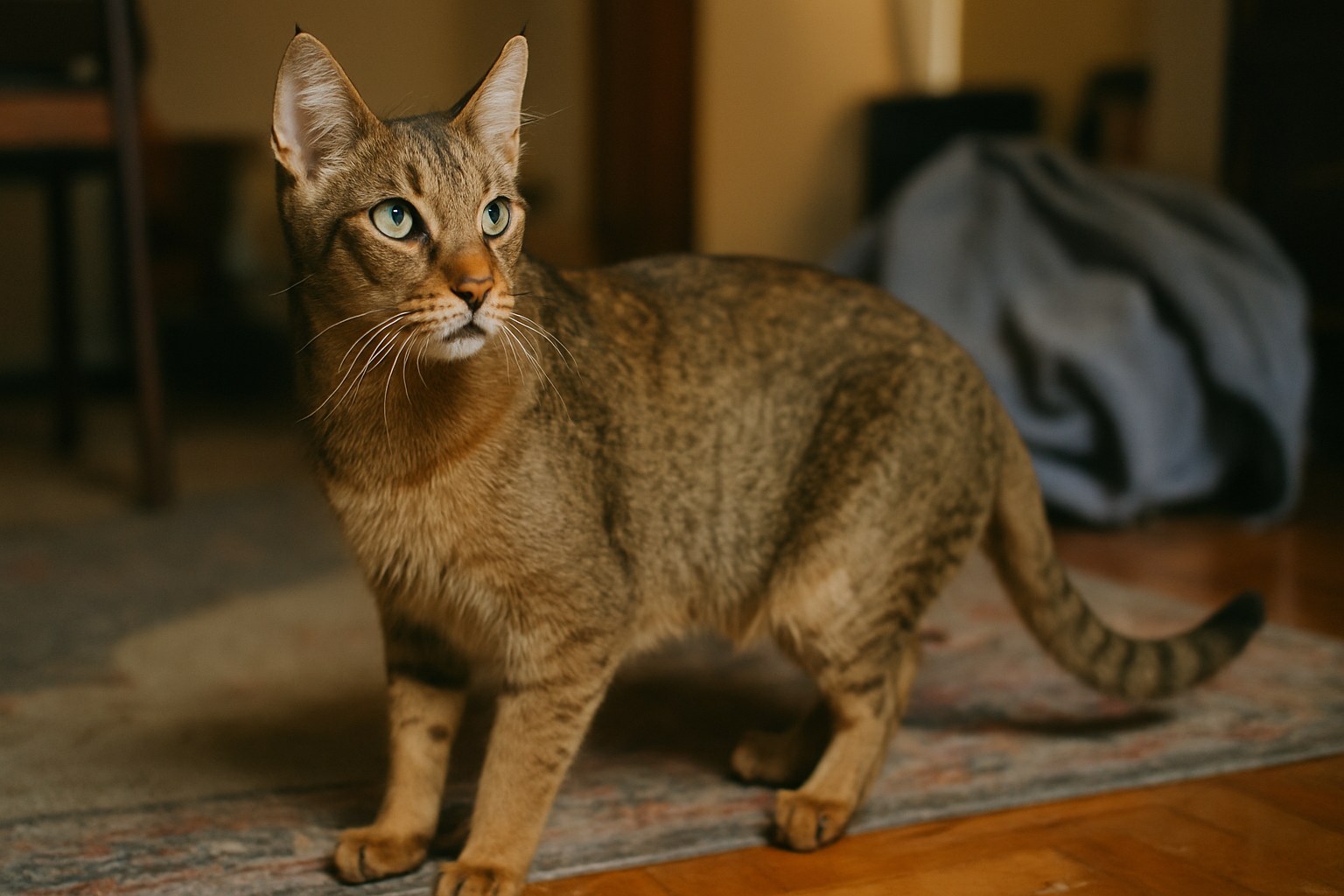 Gato Chausie alto y delgado con orejas puntiagudas y pelaje atigrado