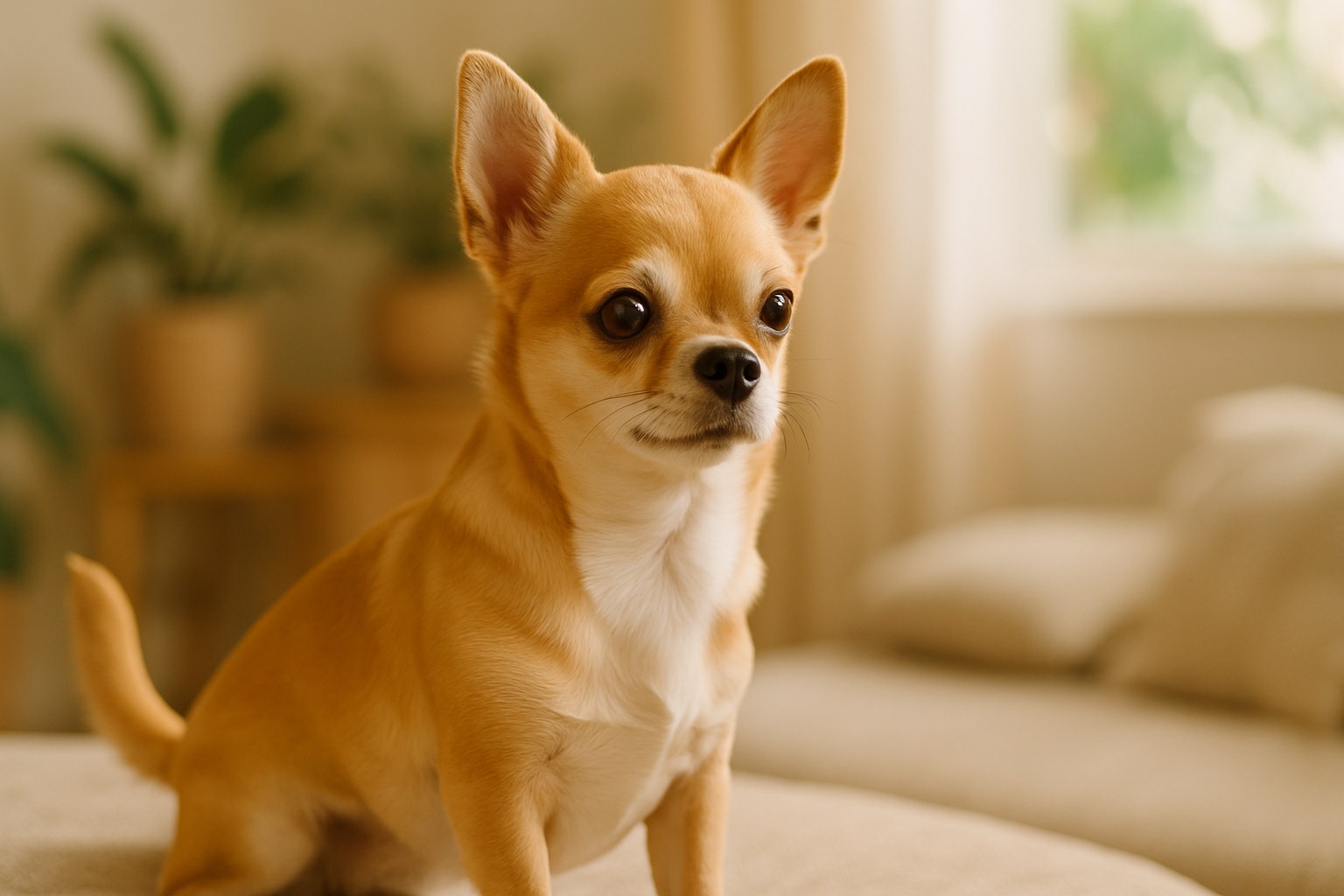 Piccolo Chihuahua dal pelo corto seduto fiero in primo piano