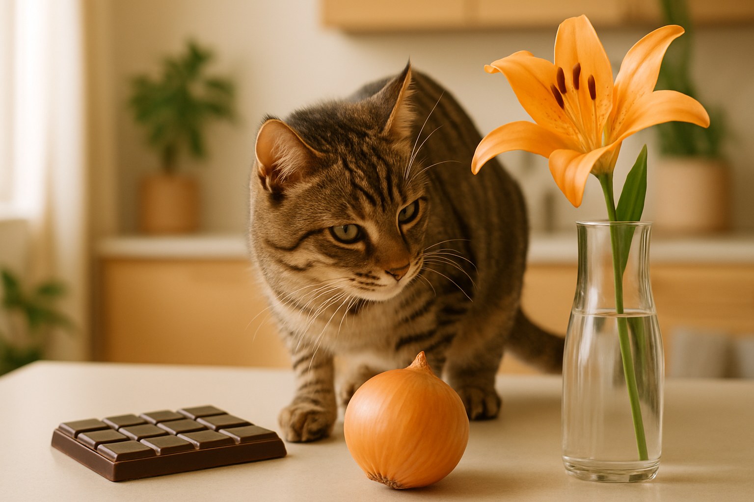 Gatto domestico curioso che annusa alimenti pericolosi su tavolo da cucina con cioccolato cipolla e gigli