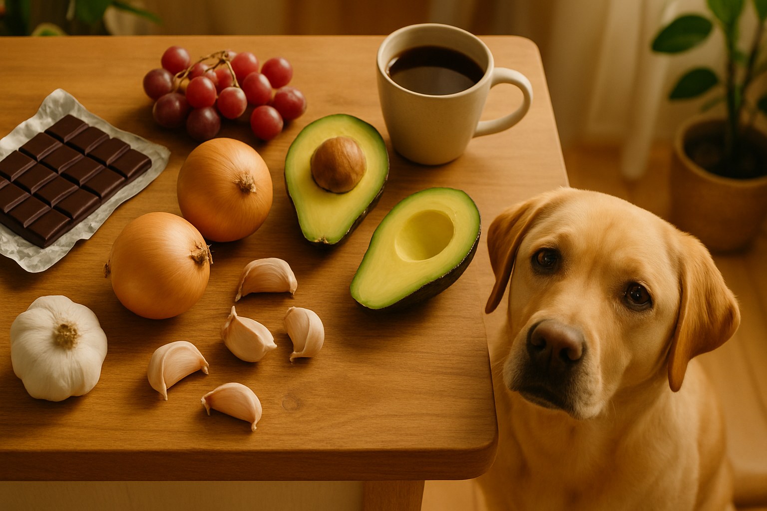 Tavolo da cucina con cioccolato, uva, cipolle e altri alimenti pericolosi per i cani