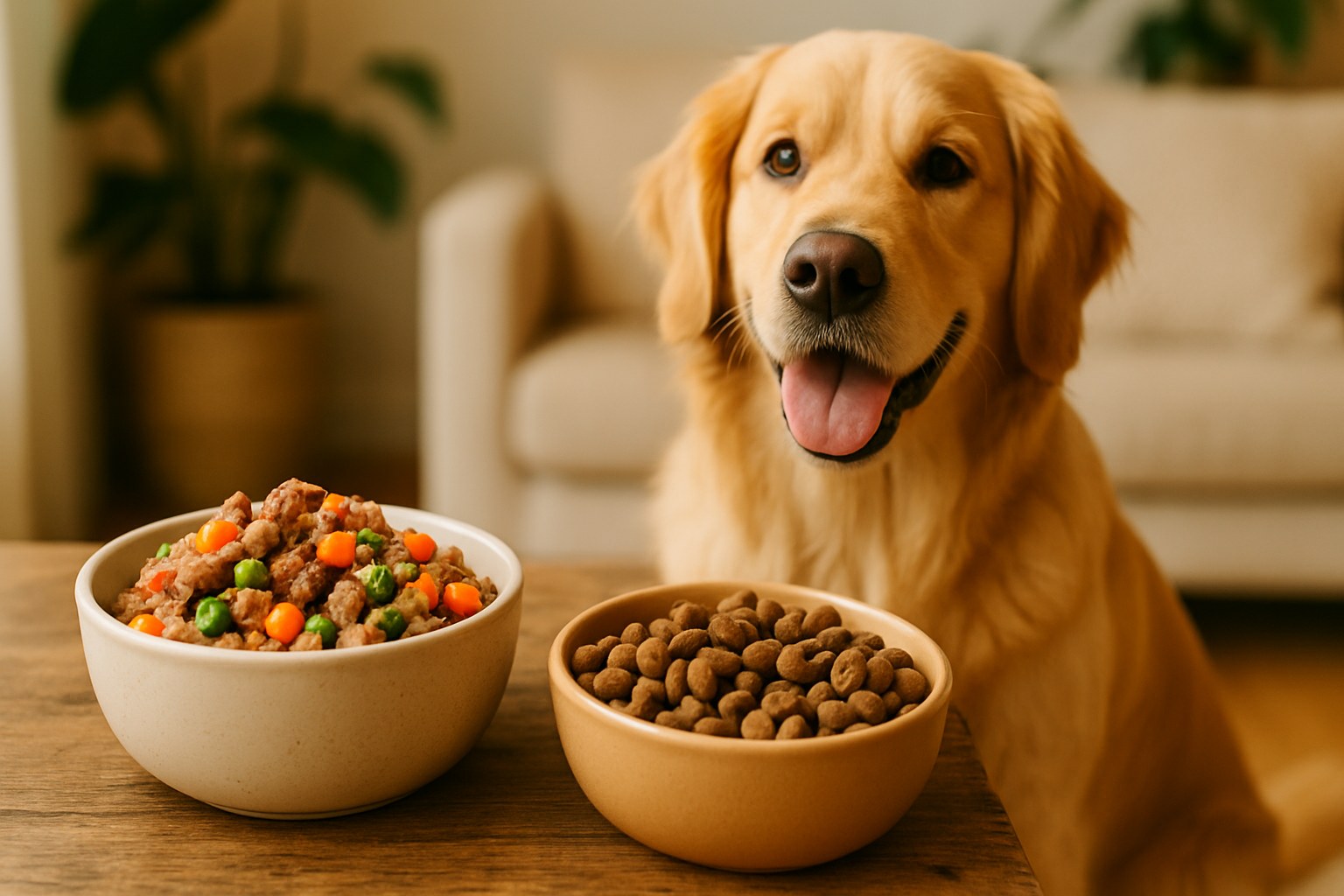 Ciotola con cibo fresco per cane composto da carne cotta, verdure e crocchette a confronto su tavolo in legno