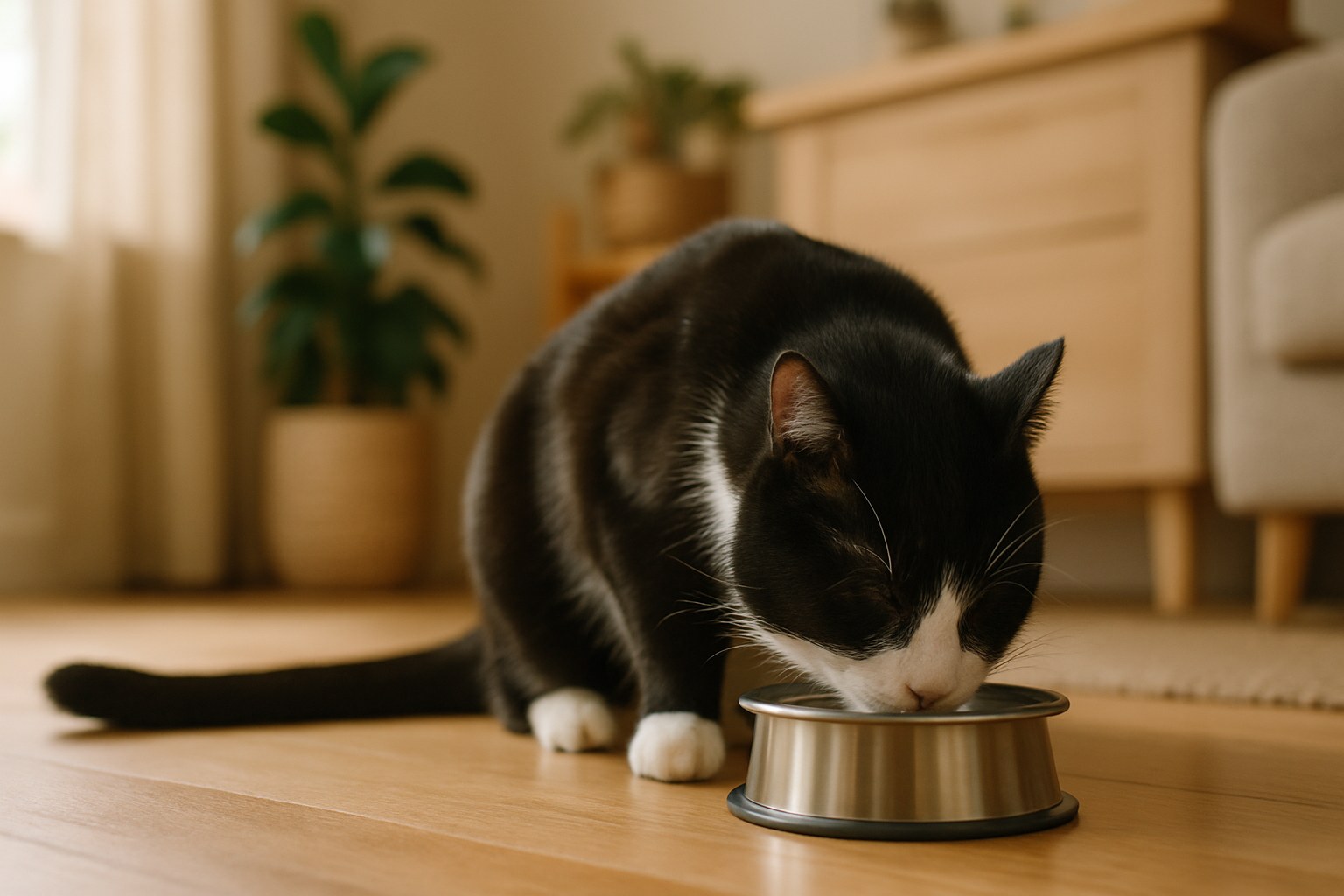 Scatoletta di paté per gatto in ciotola di ceramica con gatto che osserva incuriosito