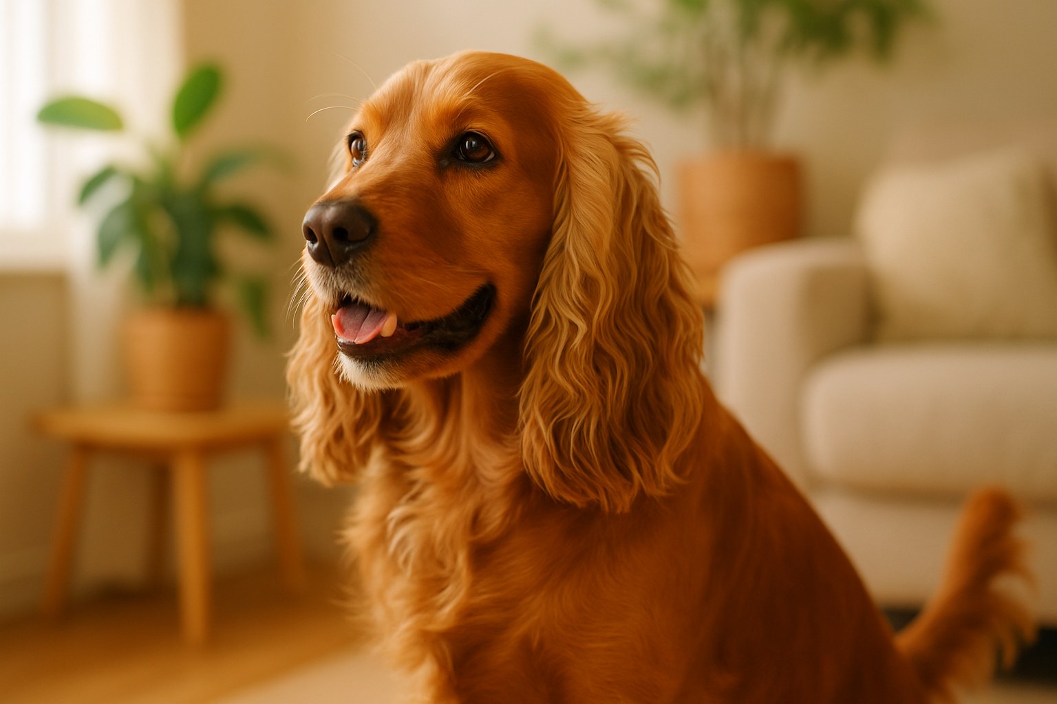 Cocker Spaniel dorato seduto fiero con orecchie lunghe