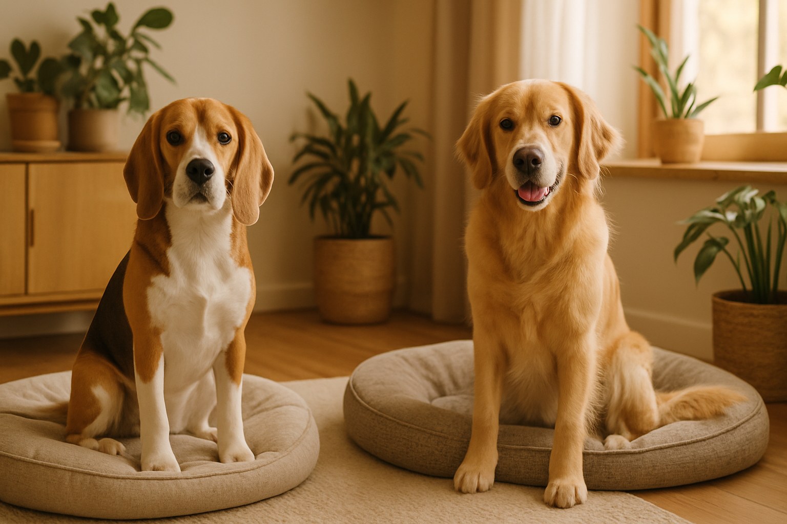 Due cani di razze diverse seduti tranquilli in salotto domestico con spazi separati e cucce personali