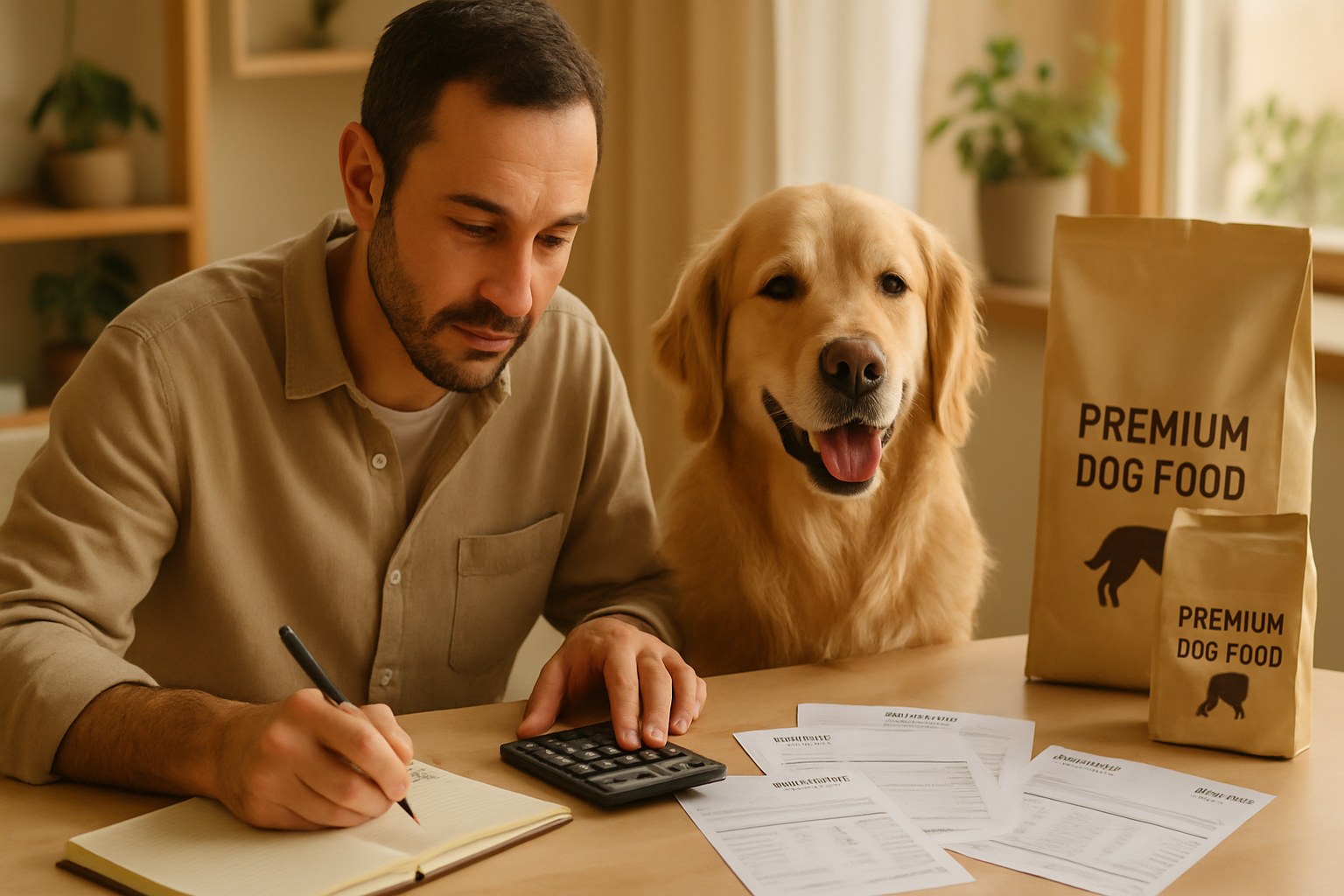 Proprietário a calcular o orçamento anual para a manutenção do seu cão, com documentos veterinários e embalagens de comida premium sobre uma mesa