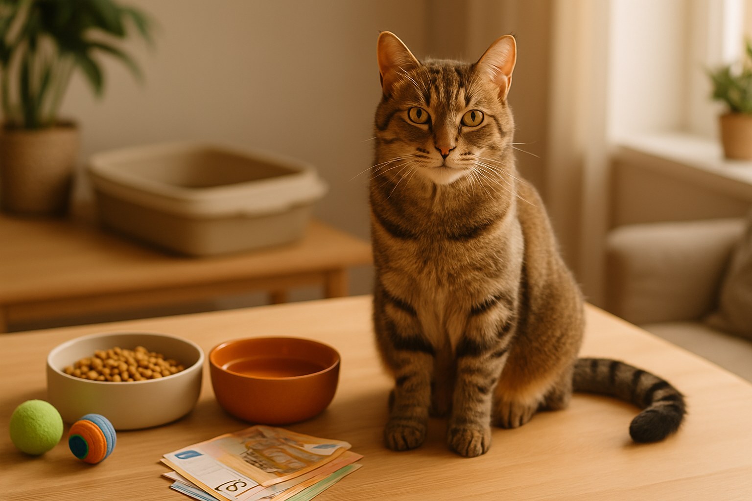 Gatto domestico seduto accanto a ciotole di cibo, lettiera e giocattoli con banconote euro e calcolatrice su tavolo