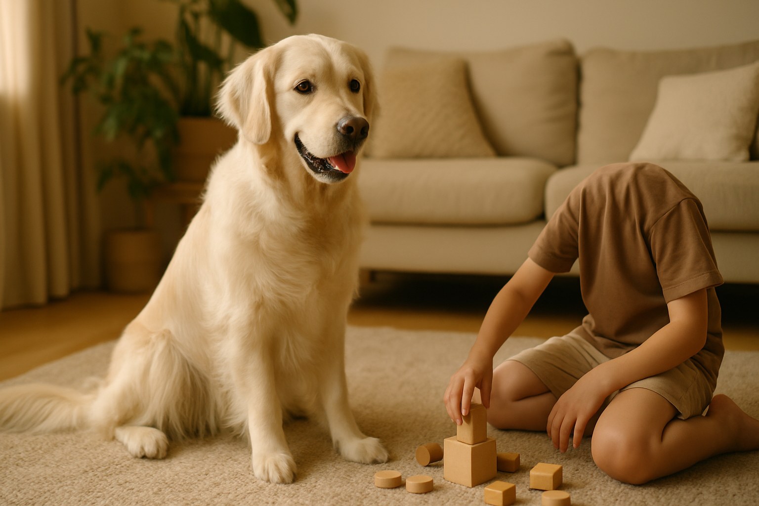 Bambino piccolo che gioca felicemente con un golden retriever sul tappeto