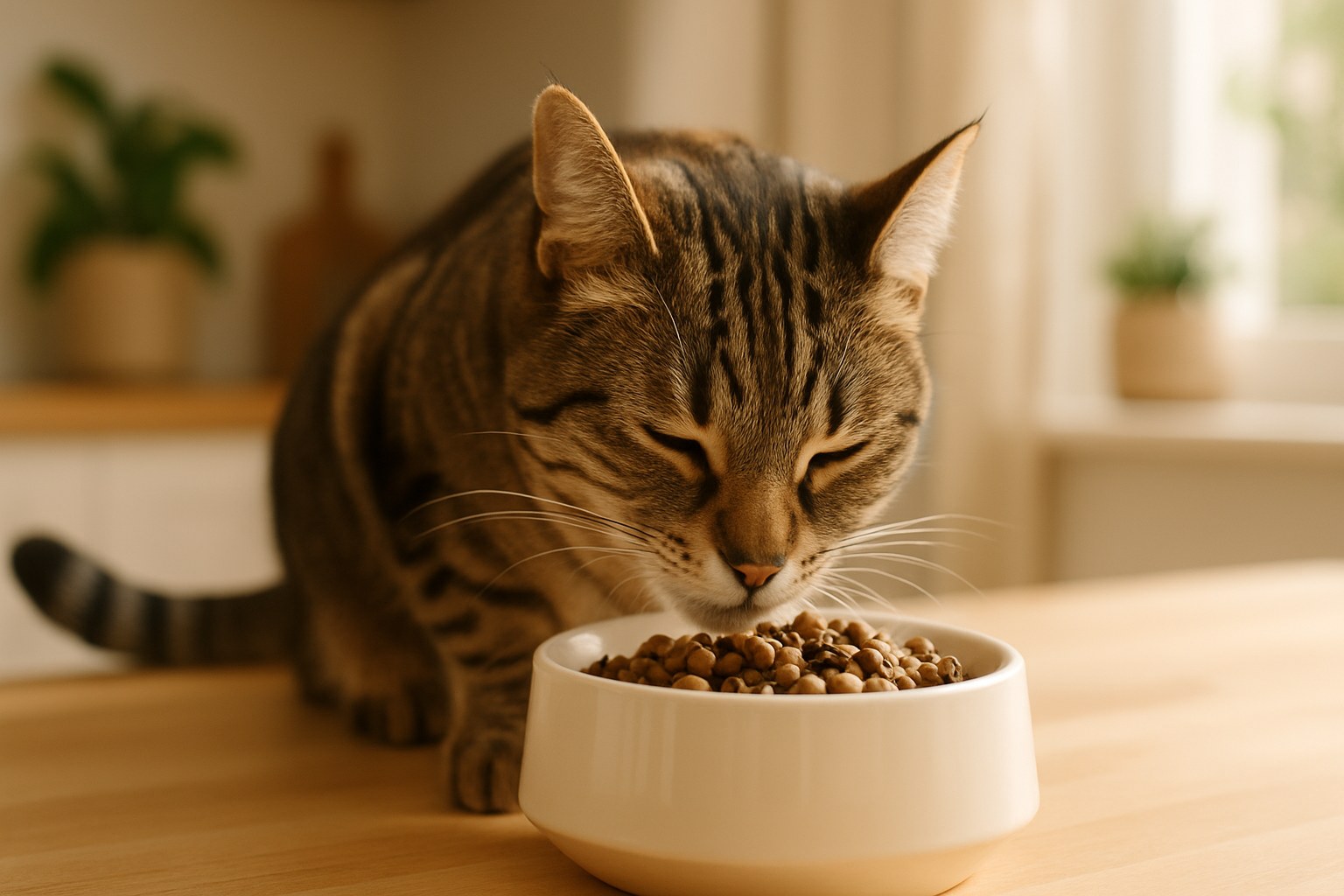 Gatto sterilizzato adulto che mangia crocchette specifiche da una ciotola in ceramica bianca in ambiente domestico luminoso
