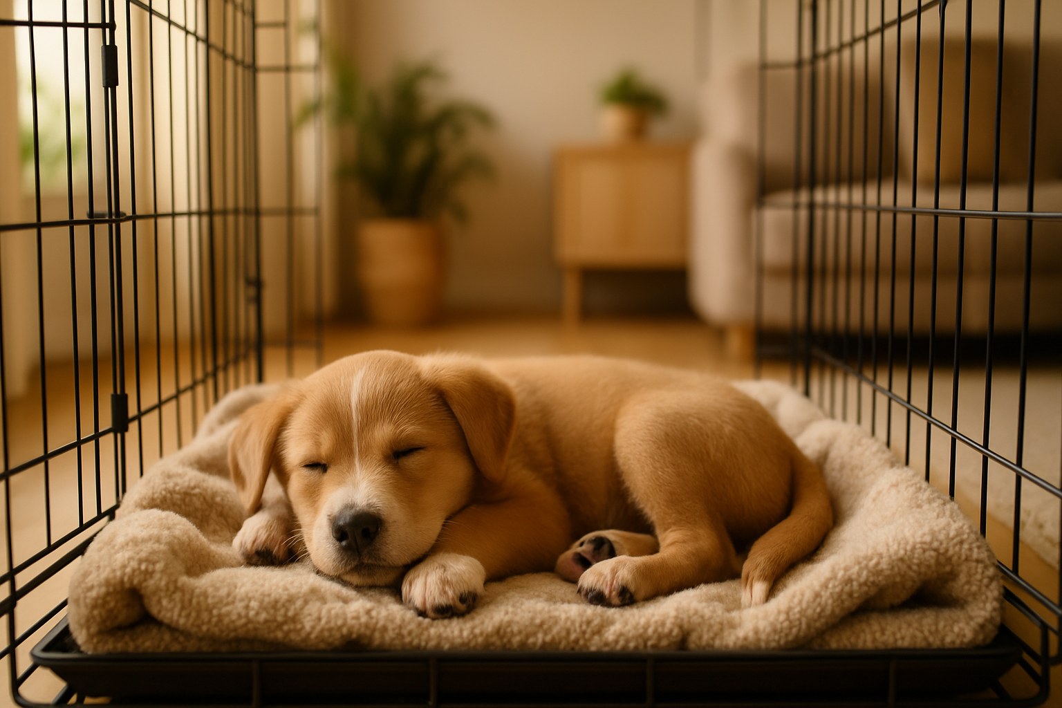 Cucciolo di cane energico che riposa tranquillamente nella sua cuccia dopo attività di decompressione