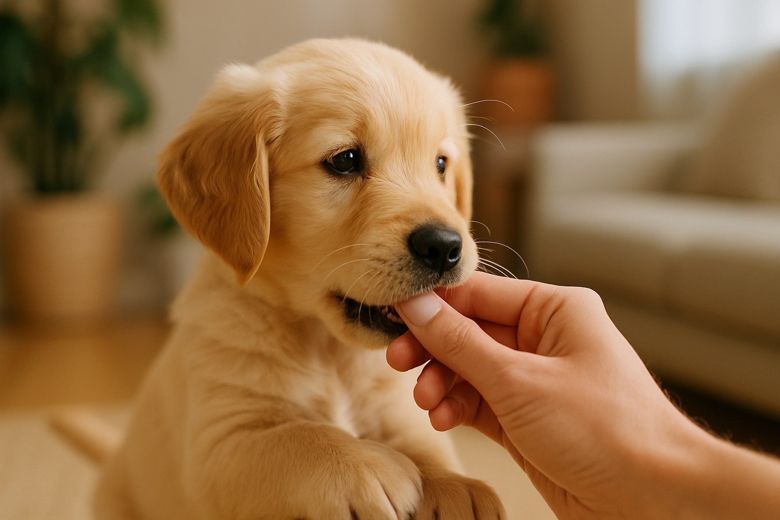 Cucciolo di cane che morde delicatamente la mano del proprietario durante una sessione di gioco educativo