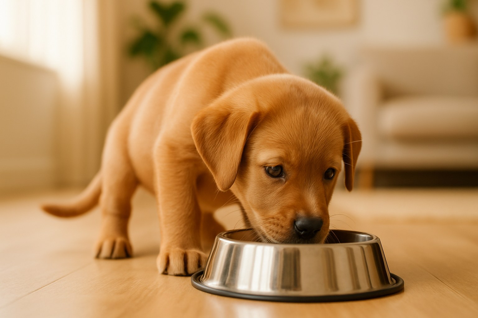 Cucciolo di cane che beve acqua fresca da una ciotola in acciaio inox in ambiente domestico luminoso
