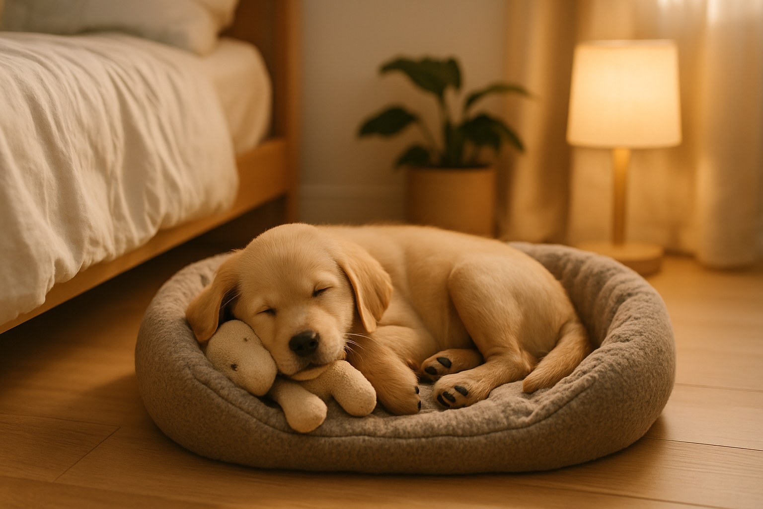 Cucciolo di cane che dorme serenamente in una morbida cuccia accanto al letto del proprietario con luce notturna soffusa