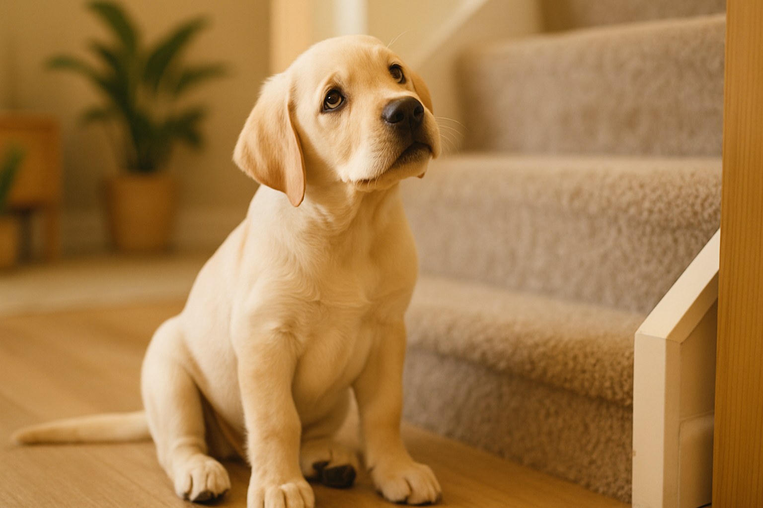 Cucciolo di Labrador seduto davanti a una rampa di scale interne guardando verso l'alto con espressione incerta