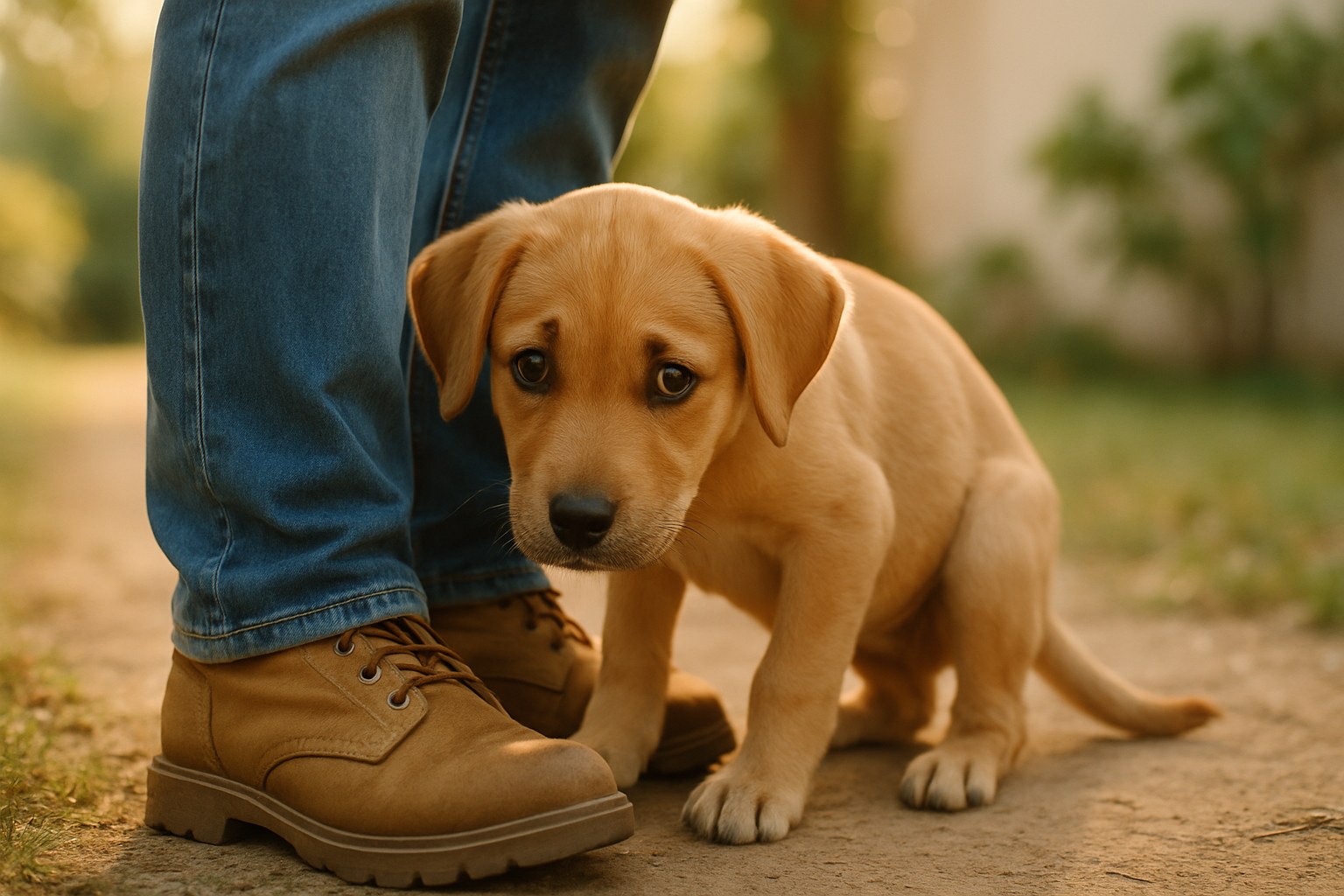 Cucciolo timido che osserva cautamente da lontano mentre si nasconde parzialmente dietro il proprietario durante una passeggiata