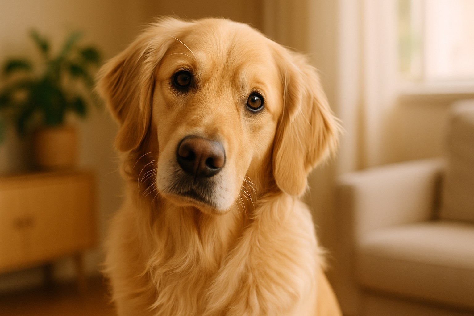 Cane Golden Retriever con la testa inclinata e sguardo curioso verso la fotocamera