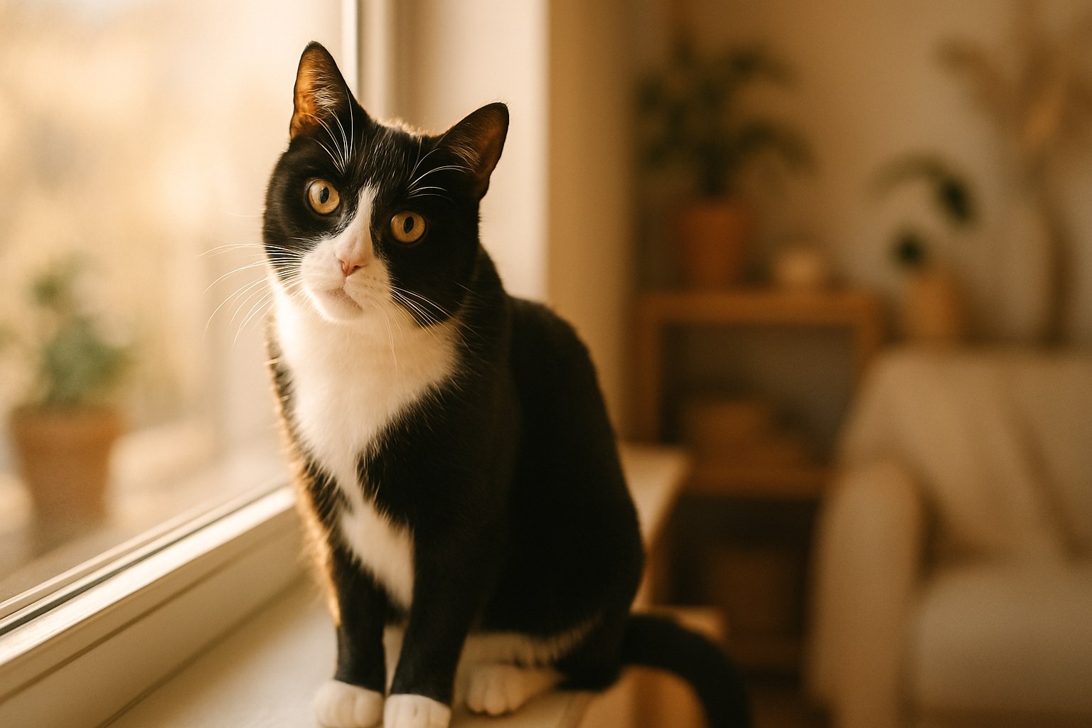 Gatto bianco e nero con sguardo curioso seduto su un davanzale al sole