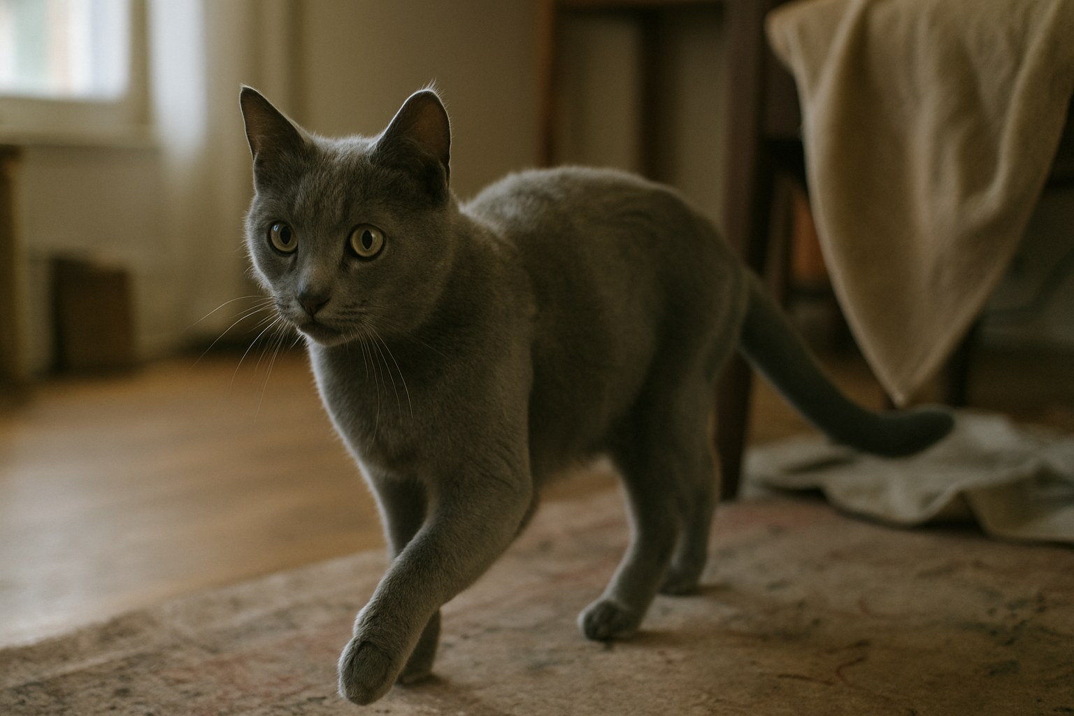 Gatto soriano rilassato su un cuscino morbido vicino alla finestra