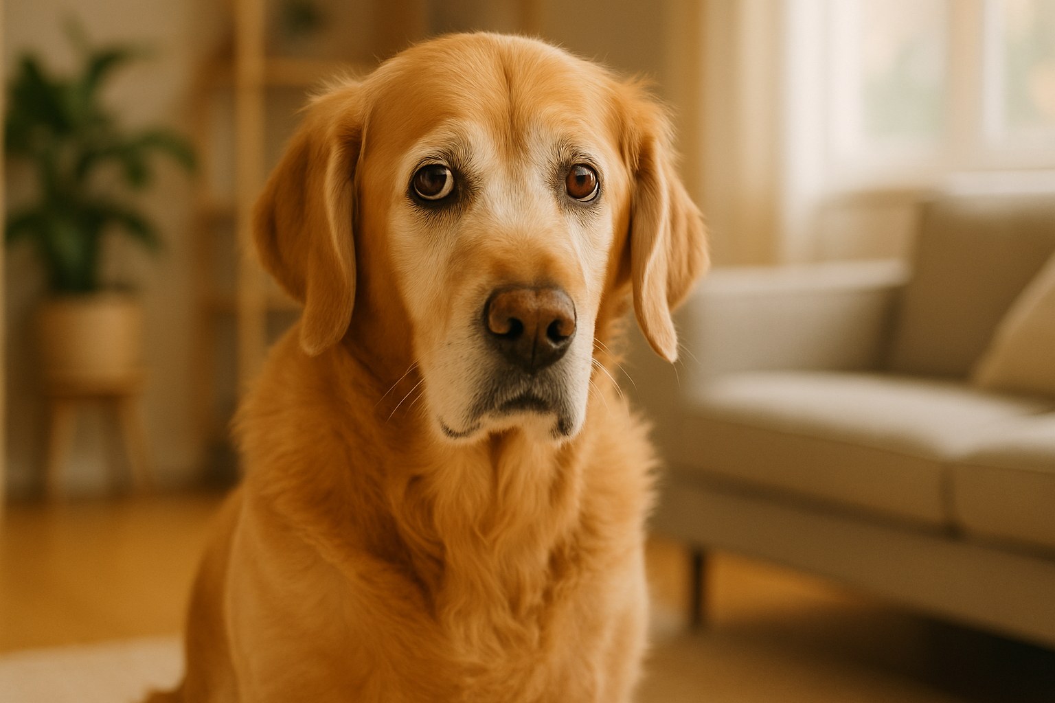 Cane anziano con sguardo confuso seduto in salotto, che mostra segni di demenza canina e declino cognitivo