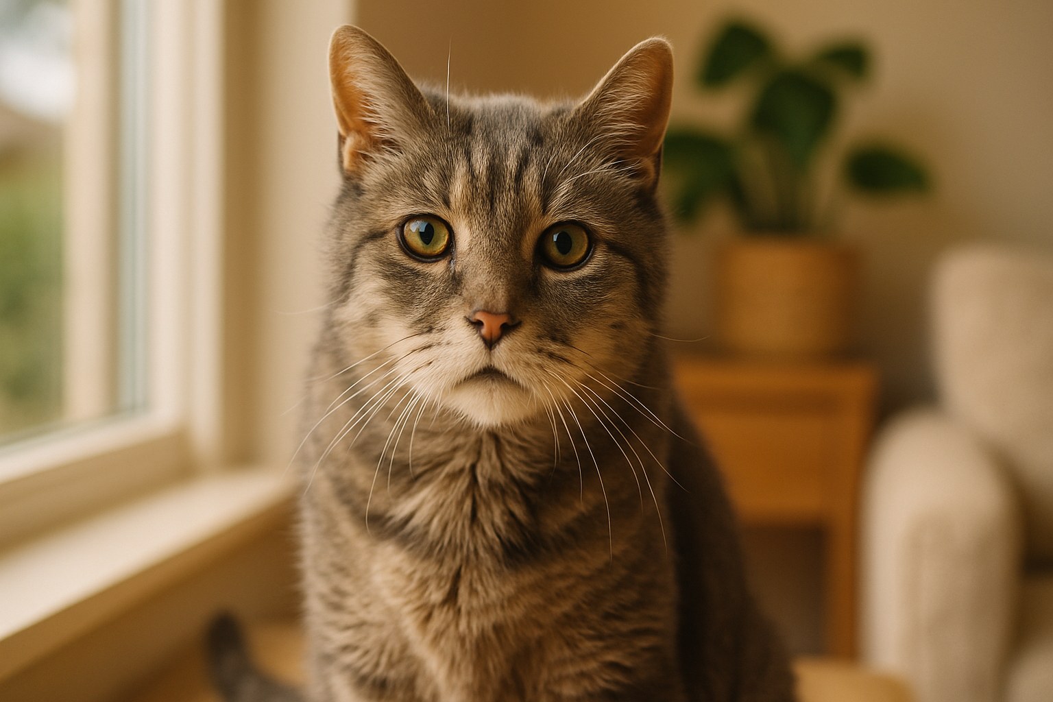 Gatto anziano grigio con espressione confusa seduto vicino a una finestra, che illustra i sintomi della demenza felina e del declino cognitivo