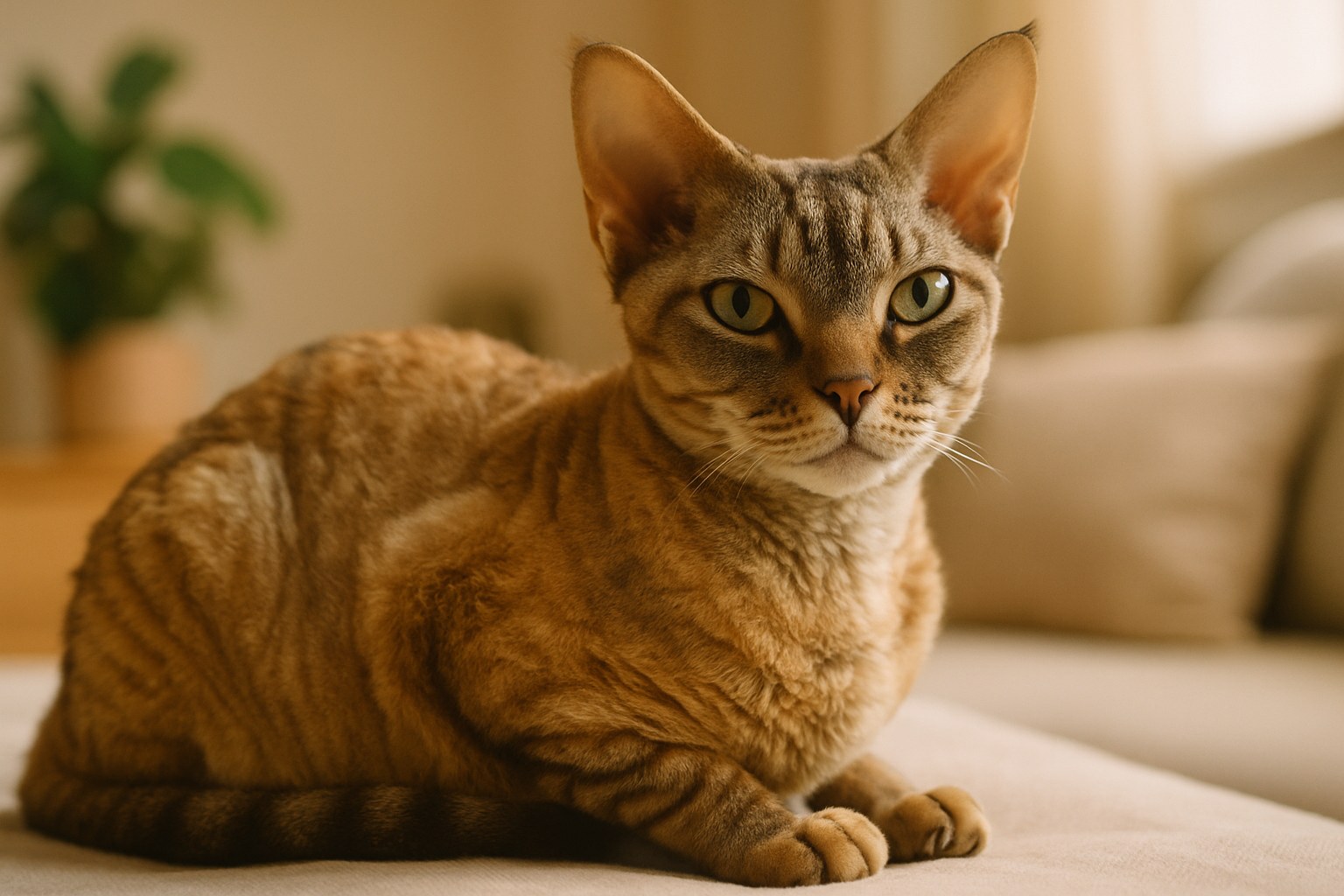 Devon Rex con orecchie enormi e pelo riccio chiaro in posa elfica