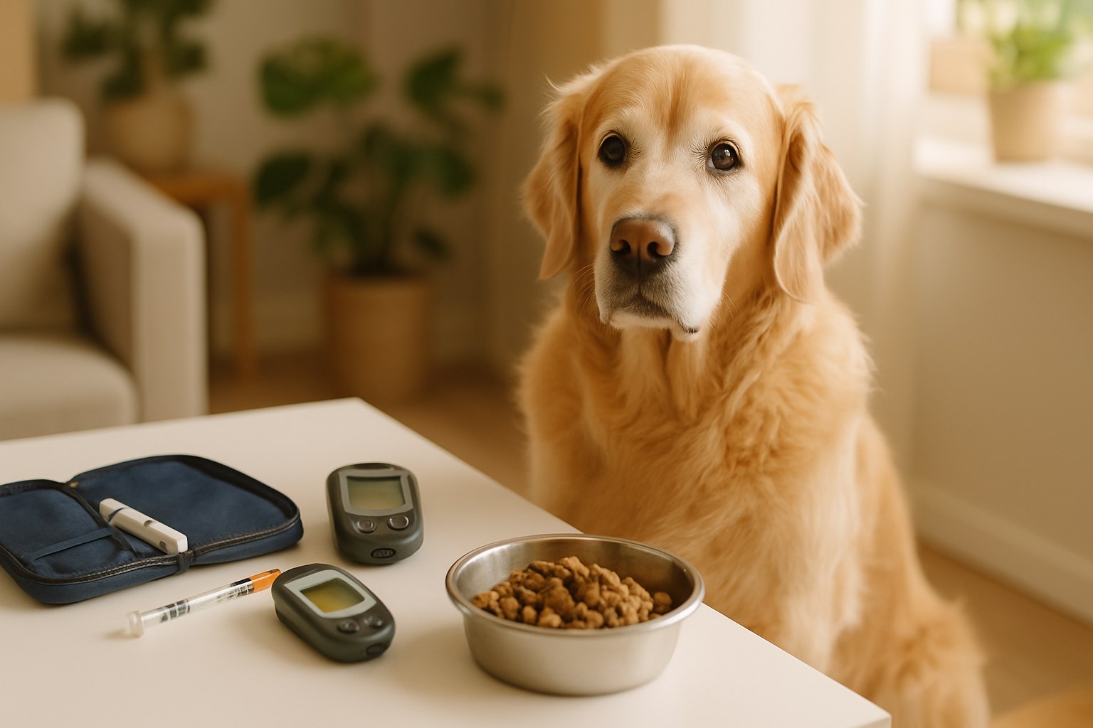Cane senior con pelo grigio seduto accanto a kit insulina, glucometro e ciotola con cibo dietetico su tavolo veterinario