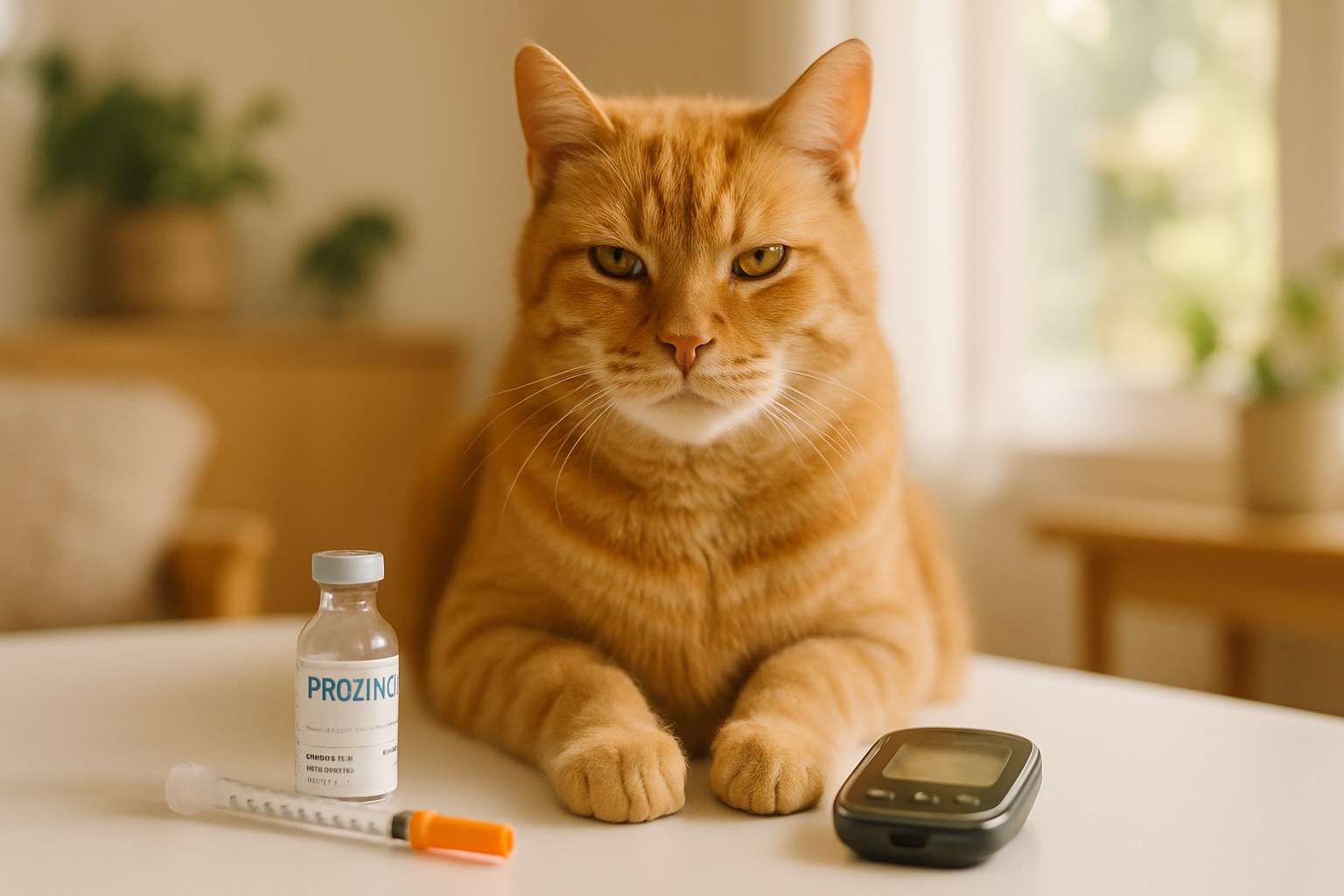 Gatto anziano seduto accanto a flacone di insulina veterinaria e glucometro per monitoraggio diabete felino