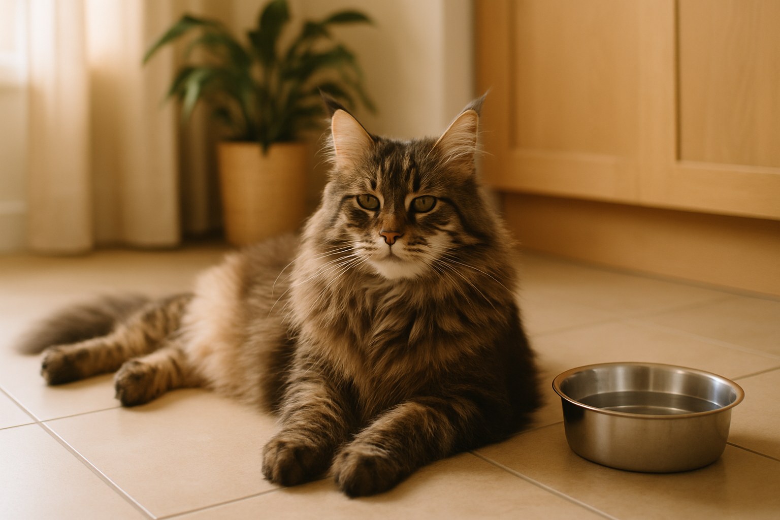 Gatto che si pulisce dopo aver usato la lettiera con sguardo stanco