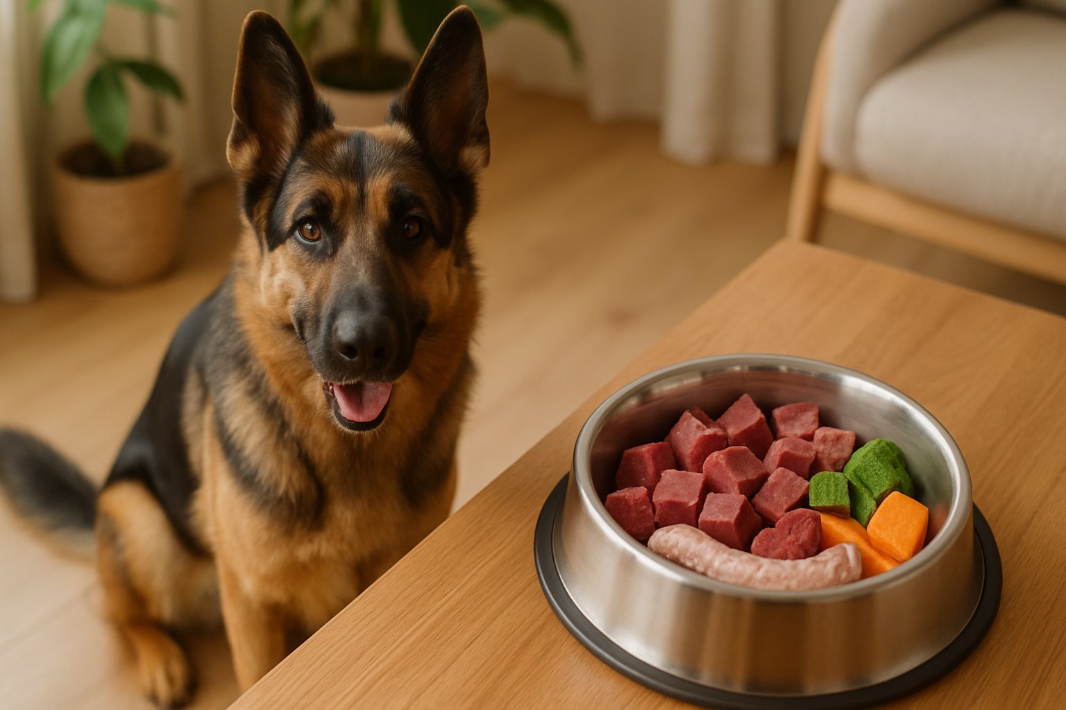 Ciotola con carne cruda, ossa polpose e verdure per dieta BARF