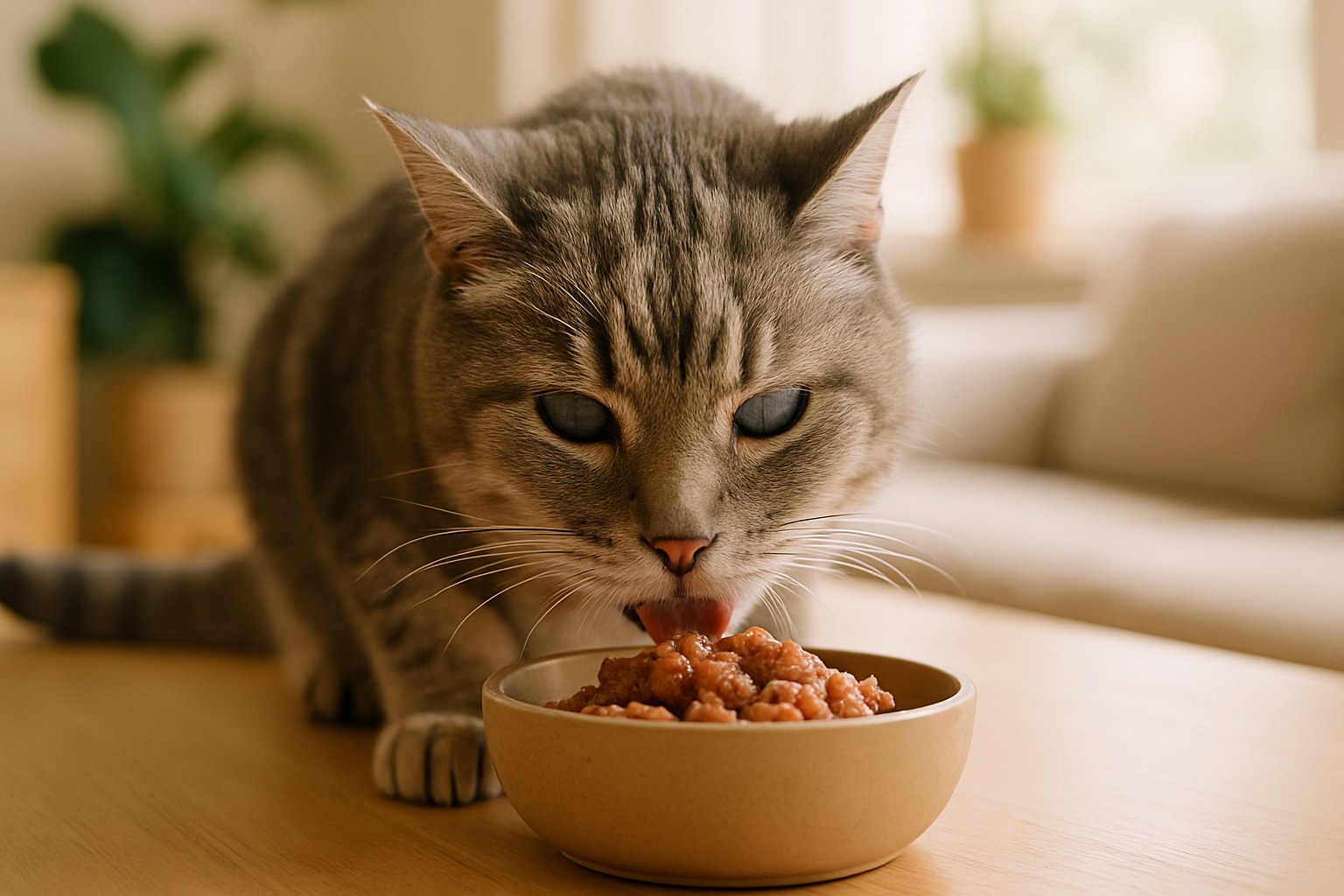 Gatto anziano grigio che mangia da una ciotola di cibo umido di alta qualità su pavimento chiaro