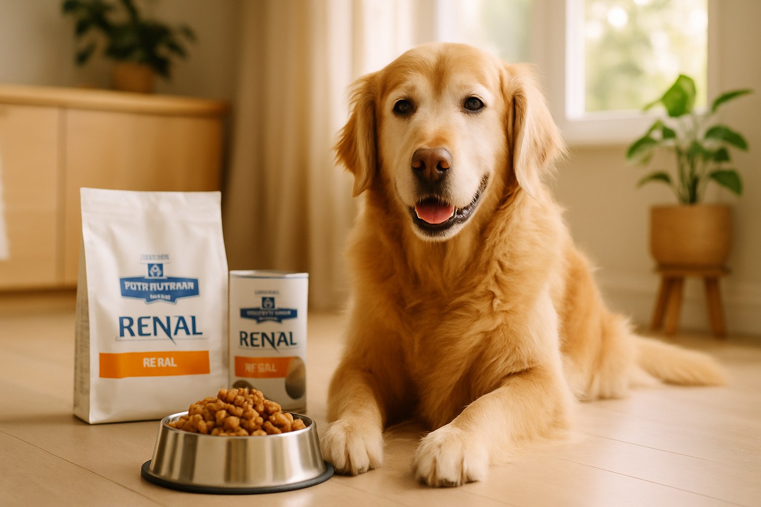 Cane anziano seduto accanto a ciotola con cibo renale specifico e confezioni di alimenti veterinari per insufficienza renale
