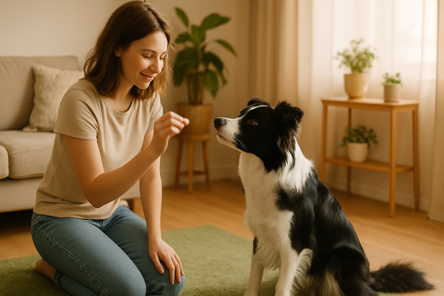 Donna che addestra un Border Collie con un premio in mano in un parco