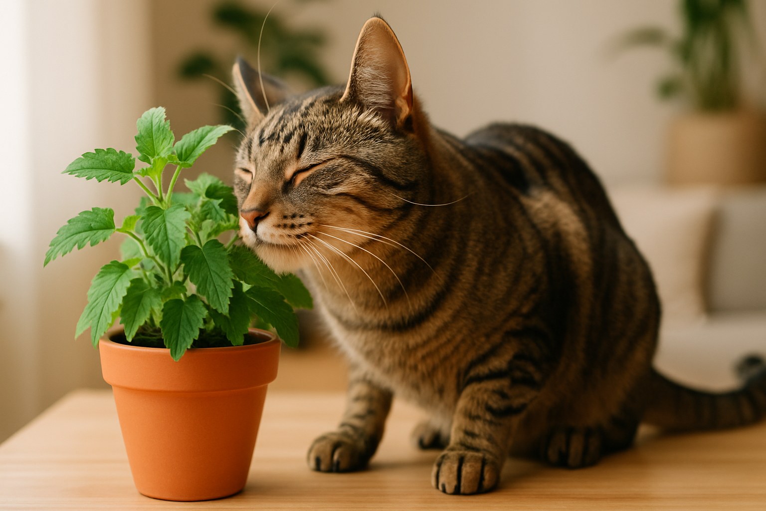 Gatto tigrato che annusa e si strofina contro erba gatta fresca in vaso su superficie chiara
